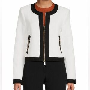 Karl Lagerfeld Paris White Black Colorblocked Tweed Chain Cropped Zip Up Blazer